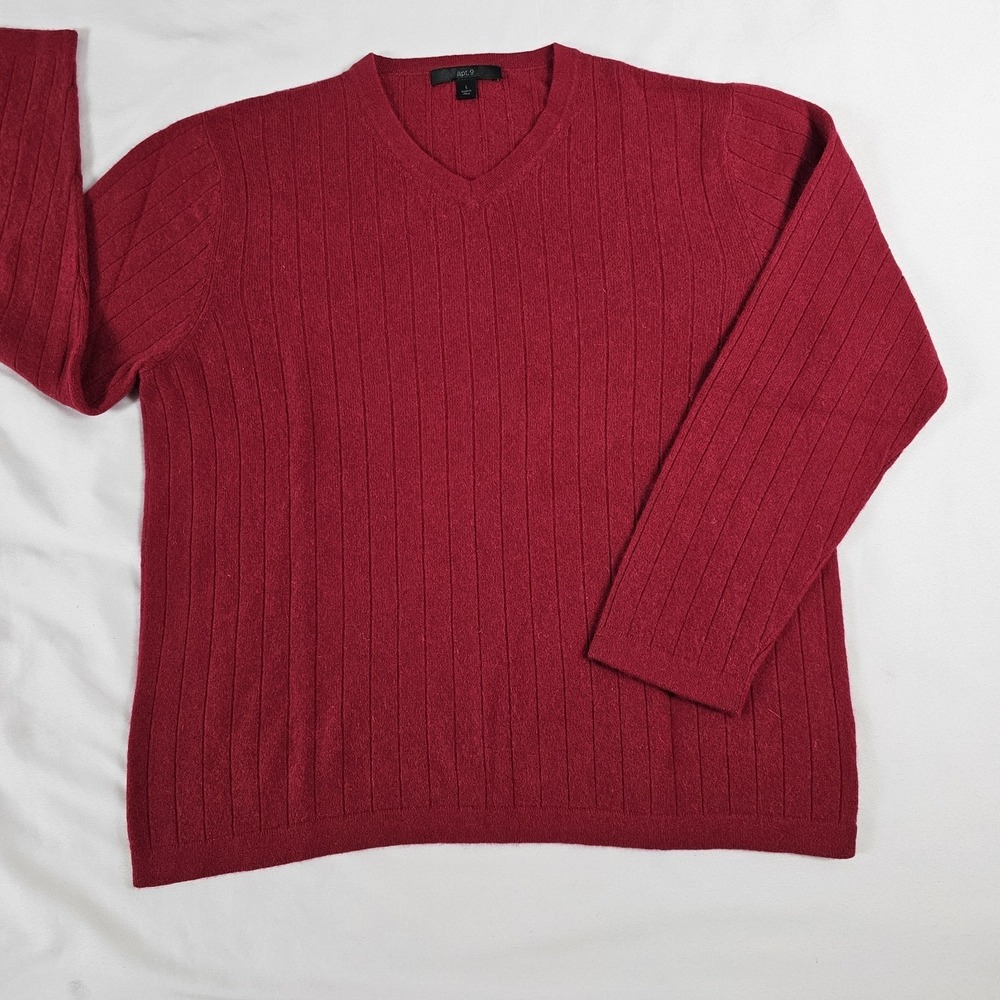 Apt. 9 Women's 100% Cashmere V-Neck Sweater  Red Lined‎ Pattern Women's L